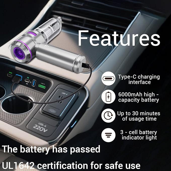 Portable Mini Car Vacuum Cleaner – Powerful Cordless Handheld Vacuum 21000Pa Suction Rechargeable Long Runtime 3 Adjustable Power Levels Lightweight 2-in-1 Suction &amp Blowing Function