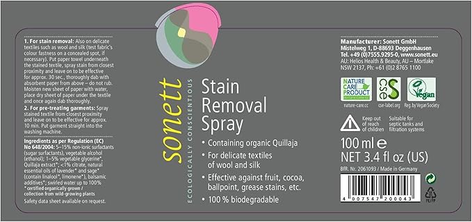 Sonett Organic Stain Removers Spray for clothes effective against fruit Cocoa Ballpoint Grease stains for delicate textiles of Wool and Silk (6 Count)