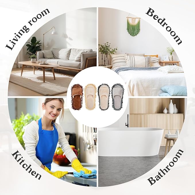 Jecery 4 Pair Washable Microfiber Mop Slippers Detachable Dusting Shoes for Floor Cleaning Office &amp Home Use Suitable for Women &amp Men(Blue Brown Beige WhiteL Size)