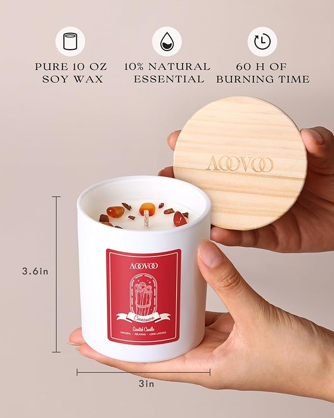 AOOVOO Cinnamon Scented Candles for Women - Aromatherapy Candle with Crystals Inside 10oz Soy Candles for Home Scented Birthday Gifts Valentines Day Candle for Women Mom