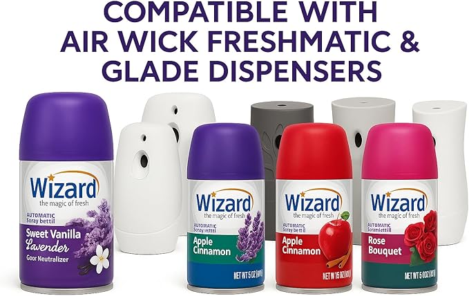 Wizard Automatic Spray Refill Everyday 12-Pack (6 Scents 2 Cans Each) – Sweet Vanilla Lavender Fresh Lavender Rose Tropical Citrus Apple Cinnamon &amp Vanilla Bean – Fits Air Wick &amp Glade Sp
