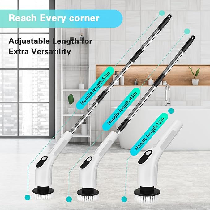 LICHIFIT Electric Spin Scrubber Waterproof Cordless Shower Cleaning Brush with Replaceable Brush Heads and Adjustable Extension Handle 2 Speeds for Bathtub Kitchen Wall Cleaning