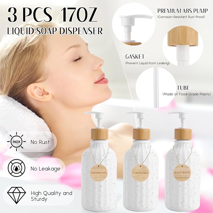 Bathroom Accessories Set White Bathroom Set with Trash Can3PCS Lotion Soap Dispenser Toothbrush Holder Soap DishTumbler Cup6pcs Wood Tags White Bath Accessories with Tray for Bathroom Decor