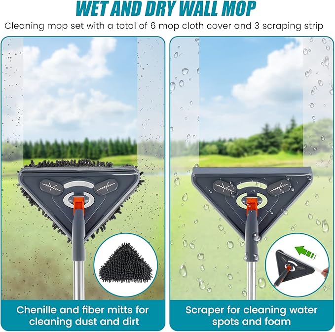 85 in Wall Cleaner Mop with Handle Adjustable Ceiling Cleaning Mop with 6 Replaceable Mop Cloth 360° Rotating Ceiling Dust Cleaner Reusable Baseboard Cleaning Tool Dry and Wet Use for Window W