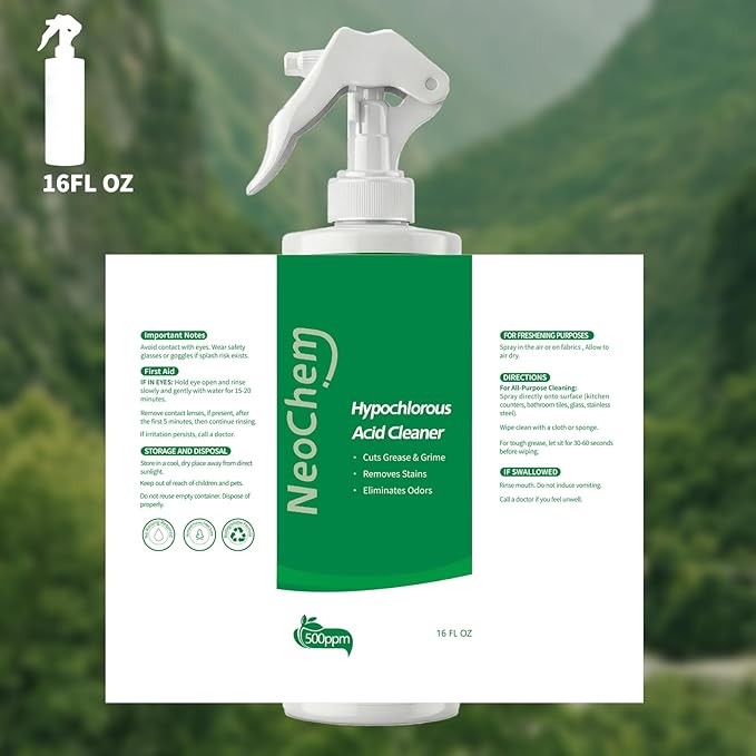 Hypochlorous Acid Spray For Cleaning 500ppm Hypochlorous AcidCuts Grease Removes Stains Eliminates Odors - No Rinse No Harsh Fumes Biodegradable (16oz*2)