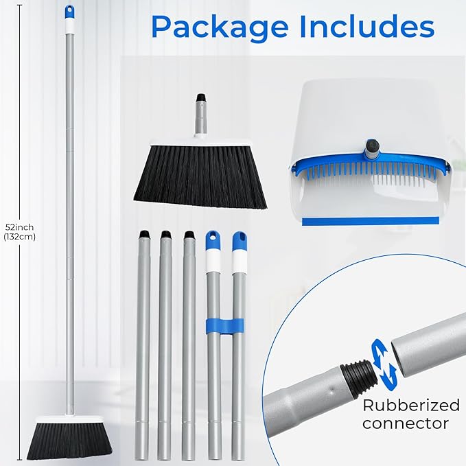 Broom and Dustpan Set with Long Handle 52 Standing Broom and Dust Pan Set for Home Kitchen Room Office Lobby Blue