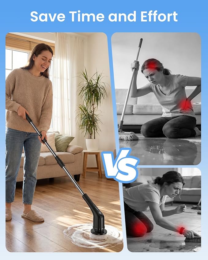 Leebein Electric Spin Scrubber Cordless Cleaning Brush with 8 Replaceable Brush Heads Tub and Floor Tile Power Scrubber Dual Speed with Adjustable &amp Detachable Handle for Bathroom Tub (All Black