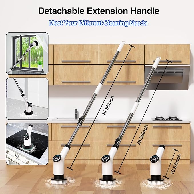 Electric Spin Scrubber Cordless Cleaning Brush with 8 Replaceable Brush Heads and Adjustable Extension Handle Power Scrubber Dual Speed Shower Scrubber for Tub Tile Floor Bathroom Kitchen Car