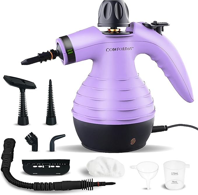 Comforday Multi-Purpose Handheld Pressurized Steam Cleaner with 9-Piece Accessories Handheld Steamer Perfect for Stain Removal Curtains Car Seats Floor Bathroom Window Cleaning (Purple)