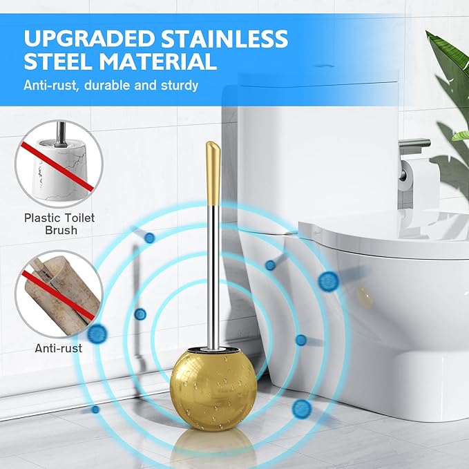 Toilet Brush and Holder 2 Pack 304 Stainless Steel Toilet Brush with Extended and Durable Comfortable Brush Handle Toilet Bowl Brush for Bathroom Toilet - Ergonomic Pratical Durable (Gold)