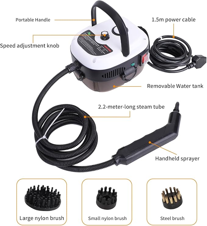 1500W Portable Handheld Steam Cleaner - 105℃ High Temperature Deep Cleaning with Removable Tank and 3 Brushes for Kitchen Bathroom Car Windows (US plug)