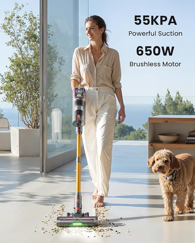 Cordless Vacuum Cleaner55KPa 650W 65Mins Vacuum Cleaners for HomeStick Vacuum with LED Display Anti tangle Brush and Self Standing DesignVacuum Cleaner for Hardwood FloorsCarpetPet HairCar