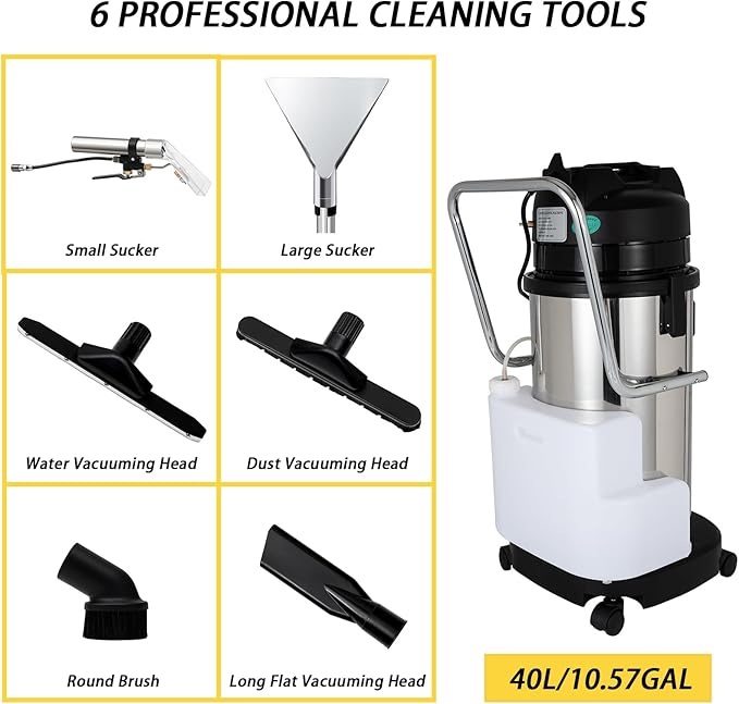 /40L/60L/15.85gal Commercial Carpet Cleaner Machine - 3in1 Wet Dry Upholstery Cleaner with Long Vacuum Head and Round Brush for Carpet Sofa Curtain