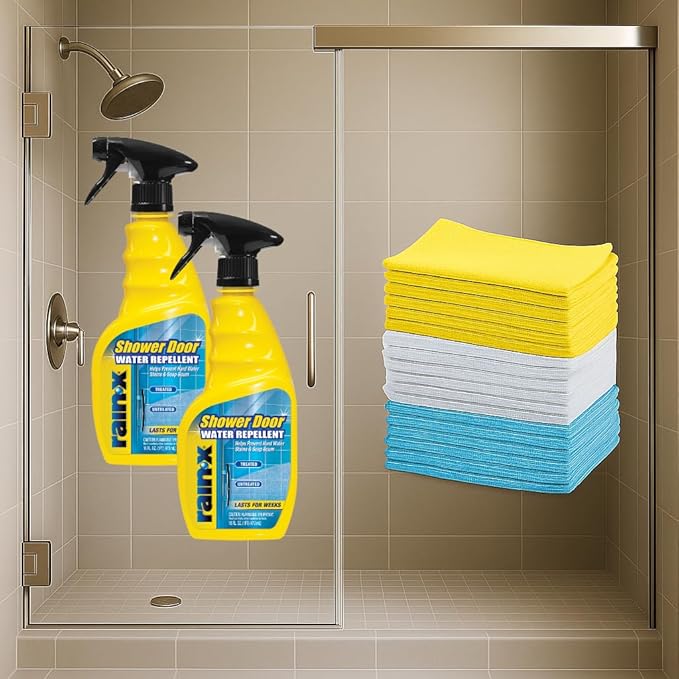 Rain-X 630542 Water Repellent 16 Fl. Oz. (Pack of 2) with Amazon Basics Microfiber Cleaning Cloths 16 x 12 (24-Pack) - Glass Shower Door Protection Bundle