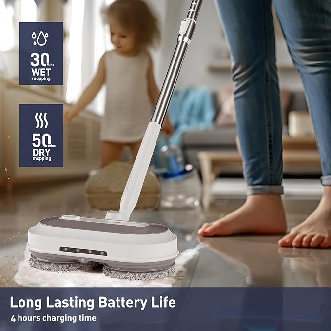 Cordless Electric Spin Mop Electric Floor Cleaner with Water Sprayer &amp LED Headlight 50mins Working Time 290ml Water Tank Adjustable Tube Self-Propelled Multi-Surfaces Floor Mop for Home Clea