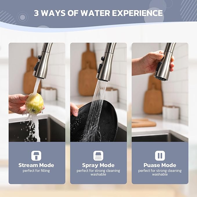 WEWE Kitchen Sink Faucet with Soap Dispenser Kitchen Faucet with Pull Down Sprayer 3 Modes Stainless Steel Single Handle Single Hole Pull Out Brushed Nickel Faucet for Bar Laundry RV Utility Sink