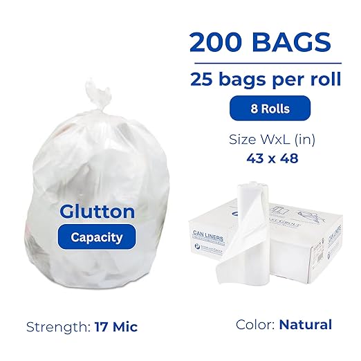 Inteplast Group S434817N 48 Length x 43 Width x 17 Mic Thickness Clear Color HDPE Commercial Coreless Institutional Trash Can Liner (Case of 8 Roll 25 Bags per Roll)