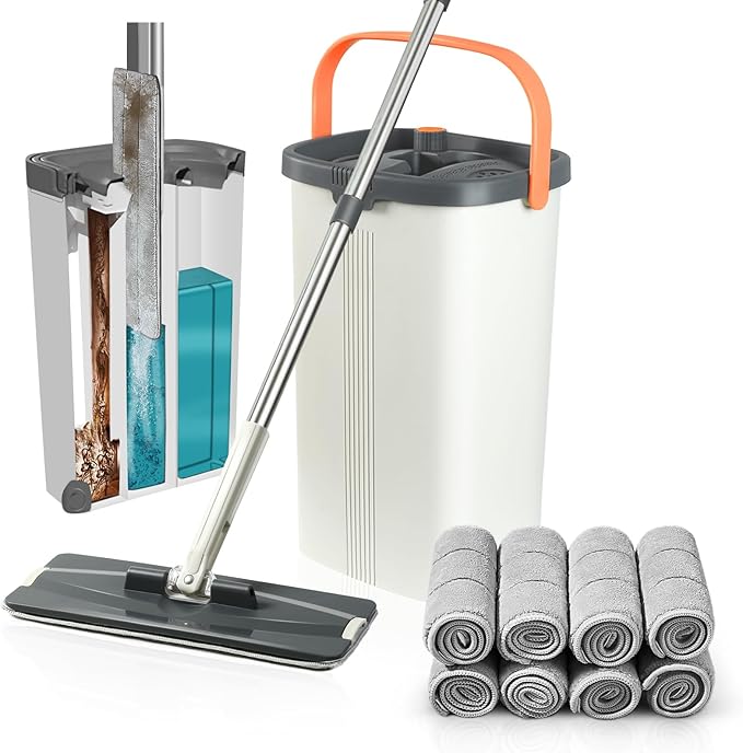 Jelymark Flat Mop and Bucket with Wringer Set Separates Dirty and Clean Water 3-Chamber Mop Wet and Dry Use Not-Hands Squeeze Mops for Floor Cleaning 8 Reusable Microfiber Mop Pads Included