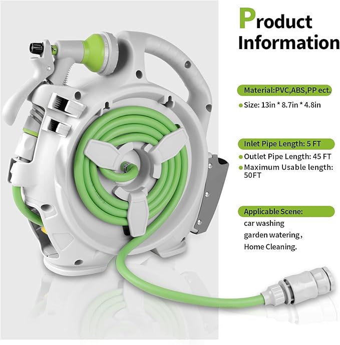 Garden Retractable Hose Reel Portable Simple Home Hose Reel 45+5 FT with 7 Patterns Spray Nozzle Wall Mounted and Any Length Lock for Garden Watering Car Washing Pet (Green)