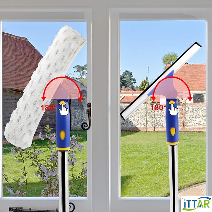 ITTAR Rotatable Window Cleaning Kit Glass Cleaner Tool with 60 Extension Pole Rubber Squeegee &amp 2 Microfiber Pads Combo Window Washing Equipment for Cleaning Shower High Windows Car Glass