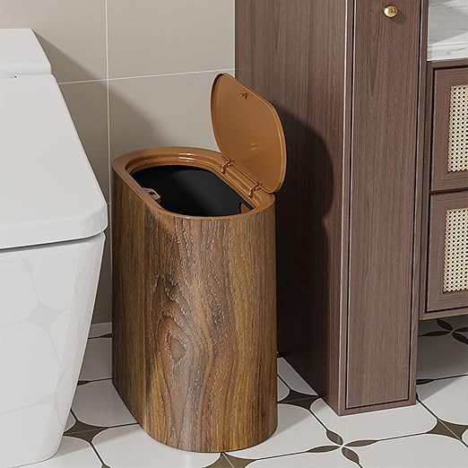 Bathroom Trashcans with Lids Plastic Marble Wood Pattern Trash Can Small Garbage Bin with Lid for Bathroom Narrow Wastebasket Modern Waste Basket for Home Indoor Hotel (Brown)