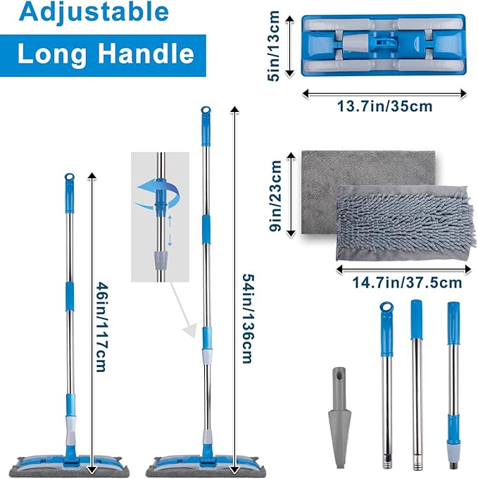 BITOPE Microfiber Dust Mop with Rotatable Flat Head Professional Wet Dry Floor Mop with Extendable Handle and Washable Pads for Wood Tile Vinyl Laminate Marble Hard Surface 54