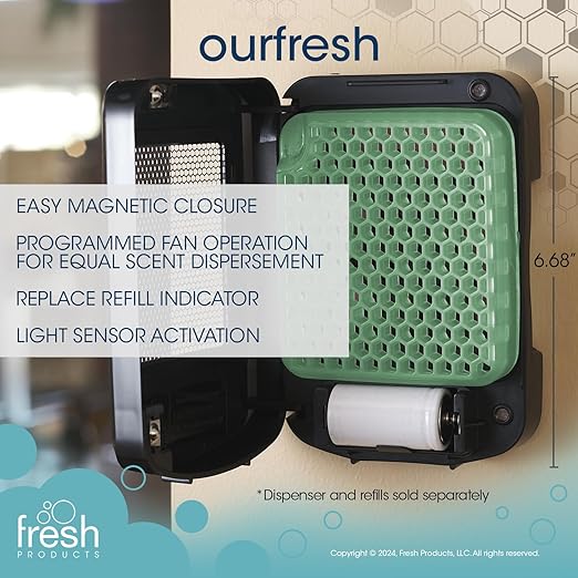 Fresh Products ourfresh 2 Air Freshener Replace Metered Aerosol with Dry Fragrance 30 Day Use Medium Sized Spaces Light Activated Battery Operated Batteries Included Cucumber Melon 8 pk