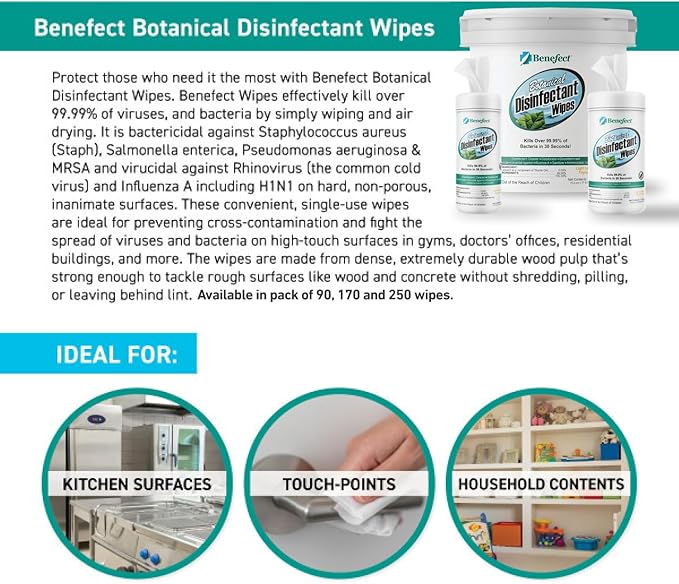 Benefect Botanical Disinfecting Wipes - (250 Wipe Count) Natural No Residue - Antibacterial Disinfectant Multi-Surface Cleaning and Sanitizing Wipes