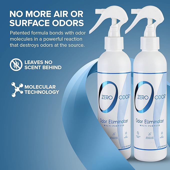Zero Odor Multi-Purpose Household Odor Eliminator Spray Two Pack 8oz Patented Technology Best for Bathroom Kitchen Fabrics Closet- Smell Great Again 128oz