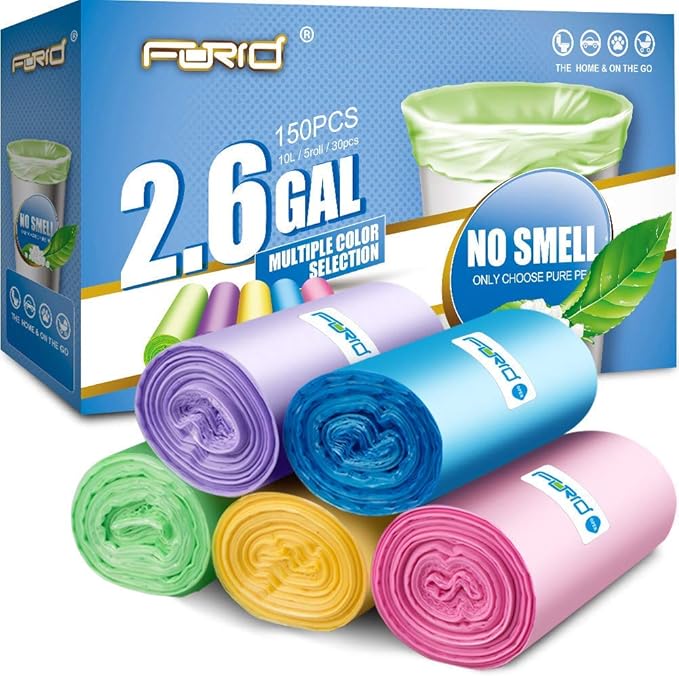FORID Small Trash Bags - 2.6 Gallon 8 Galllon Wastebasket Liners - 300 Count in 10 Rolls 5 Color - Durable Garbage Bags for Office Home Bedroom Car - 10 Liters &amp 30 Liters