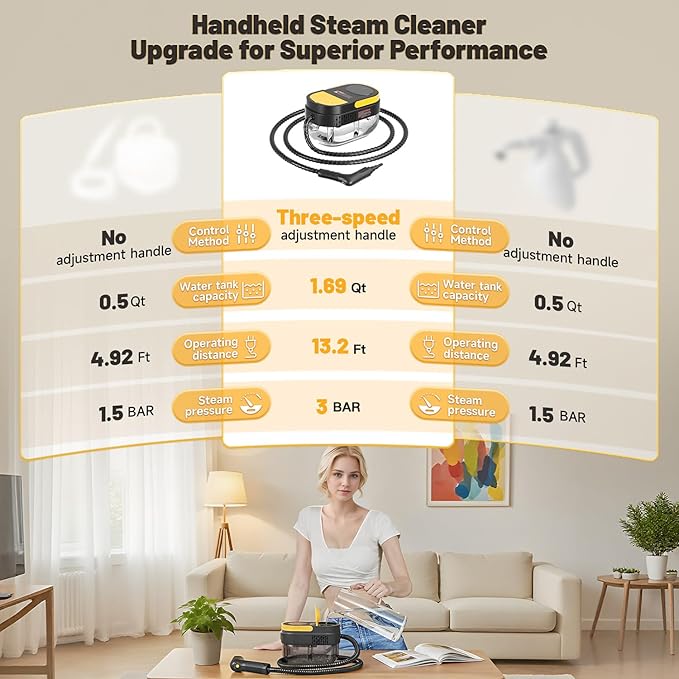 Gautye Steam Cleaner 3-Level Adjustable Handle 15s Heat-Up 1.69 Quarts Tank Portable Steamer for Cleaning with 11 pcs Accessories Steam Cleaner for Home for Dirt Grease Grout