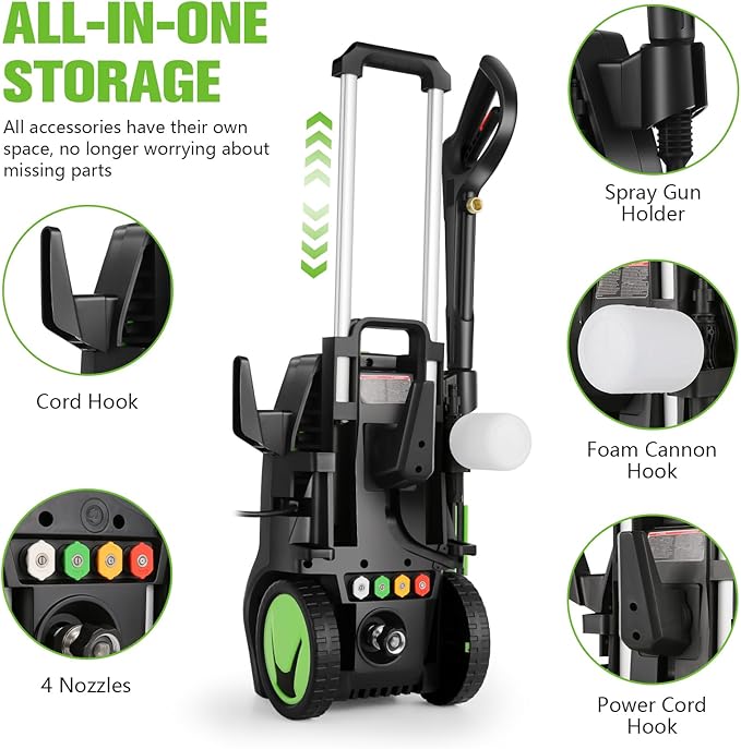 5000PSI Heavy Duty Pressure Cleaner with 33FT Hose 4 Quick Connect Nozzles and Foam Cannon for Cars/Fences/Driveways/Patios/Home Cleaning Deep Green