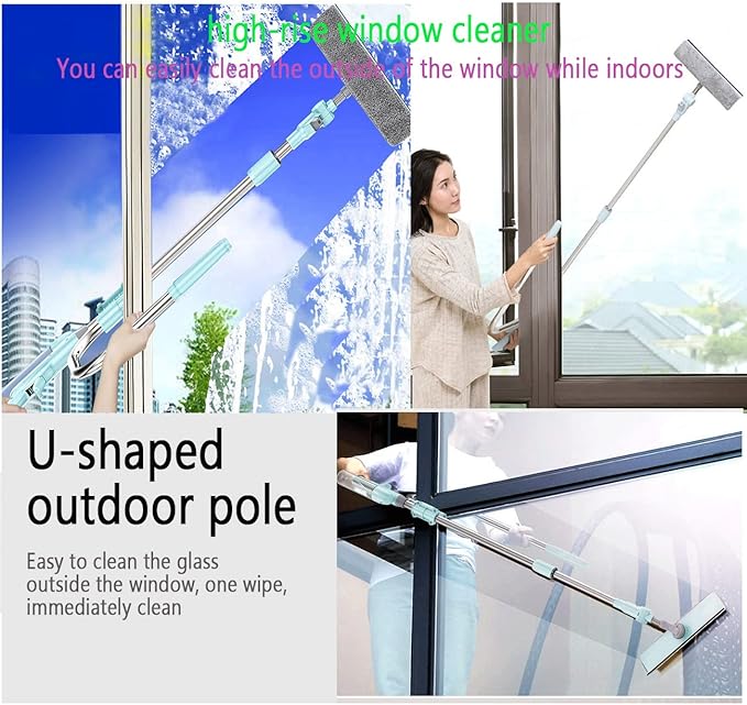 Window Cleaner Tool Kit with Telescopic U Shaped PoleSqueegee for Window WashingWater SprayableRotatable Cleaning HeadClean Inside and Outside Windows Without Leaving Dead Ends