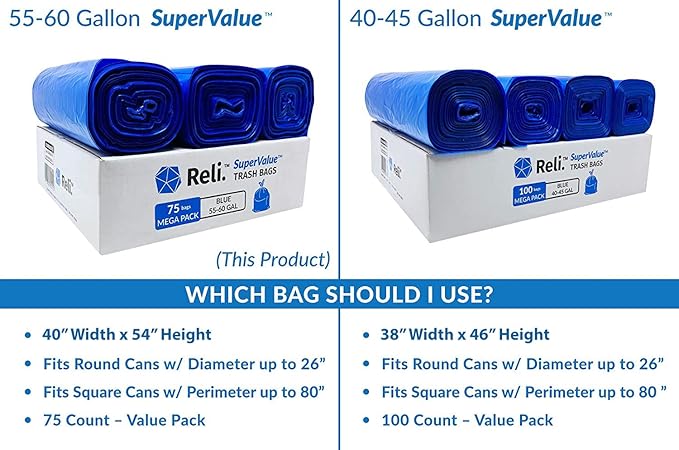 Reli. SuperValue 55-60 Gallon Recycling Bags | 75 Count | Blue Trash Bags | Made in the USA