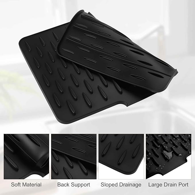 Dish Drainer Mat Silicone Drying Mat for Kitchen Counter Fast Drying Matt for Dishes Heat Resistant Non-Slip 15.75x12.6 Inch Black