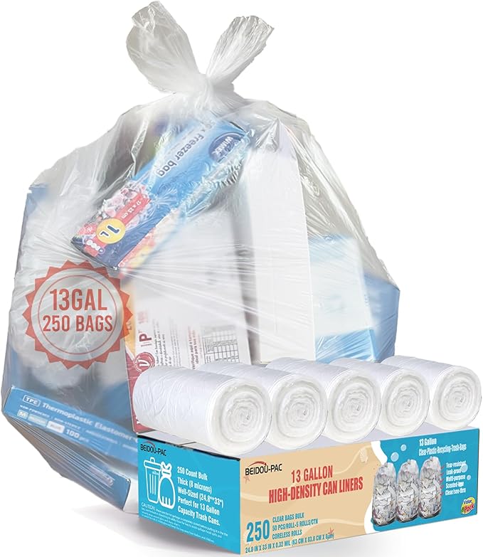 Tall Kitchen Trash Bags 13 Gallon 250 Count Unscented Clear Plastic Recycling Bags