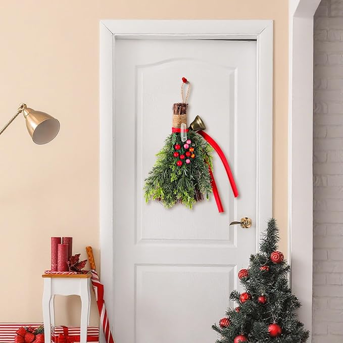 Jenaai 2 Pcs Yule Decorative Broom 6.7 Inch Pagan Christmas Decor Mini Witch Broom Handmade Pagan Broomstick with Crystal Holly Berry Jingle Bell Xmas Hanging Decor for Altar Door Protection Gift