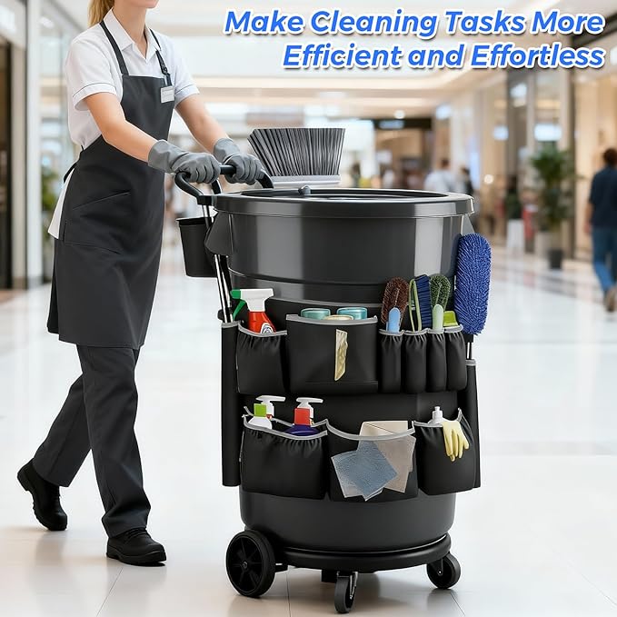Trash Can Caddy Bag - 1680D Fabric Heavy Duty Cleaning Caddy with Adjustable Buckle Fits for 32-55 Gallon Garbage Bin 10 Pockets Cleaning Tool Storage Organizer for Housekeeping Janitorial