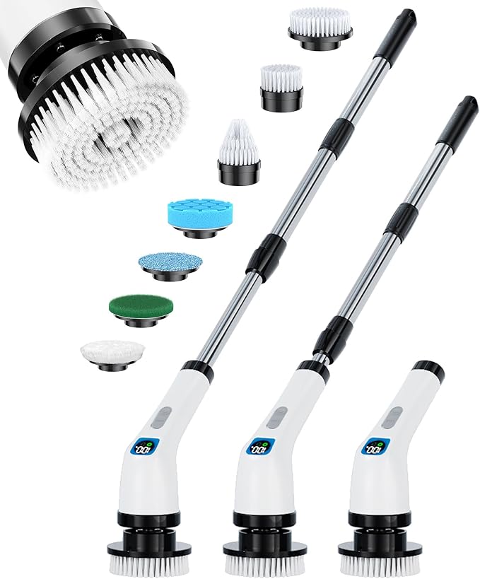 Electric Spin Scrubber IPX7 Shower Scrubber 7 Replaceable Brush Heads-90Mins Work Time 2-Speed Adjustable Bathroom Scrubber 3-Height Adjustable Handle Cordless Tub Scrubber for Bathtub Kitchen Glass