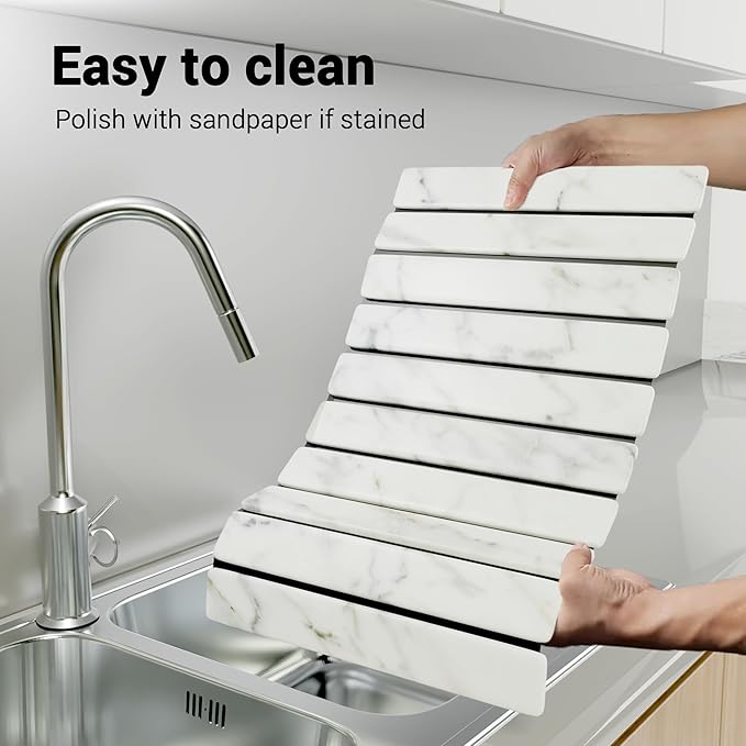 HavenMat – Large Stone Dish Drying Mat (24”x16”) with Bamboo Rack &amp Brush | Quick-Dry Diatomite Counter Mat for Dishes Glassware Plants &amp Pets | Grey Kitchen Drying Stone (Marble)