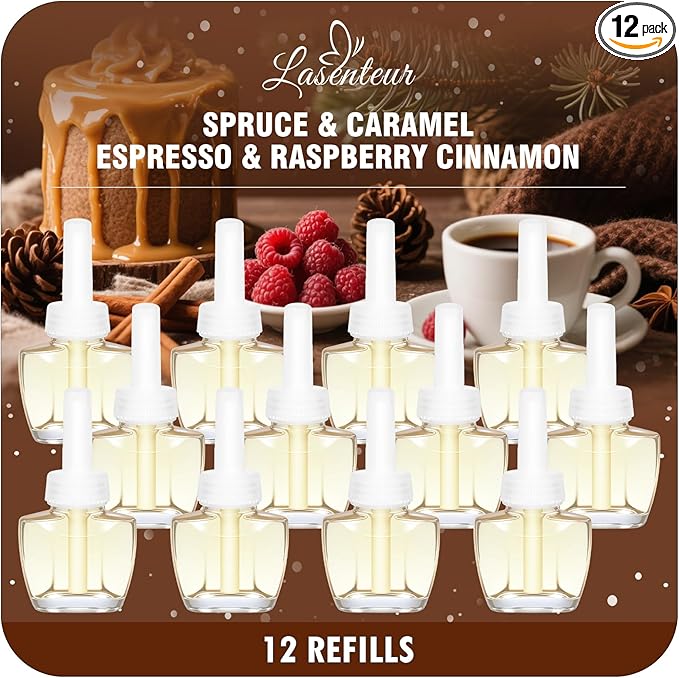 Plug In Air Freshener Refills 12 Pack – Spruce Caramel Espresso &amp Raspberry Cinnamon Scents – Adjustable Fragrance for Home &amp Bathrooms – Compatible with Air Wick &amp Glade Not Include Gl