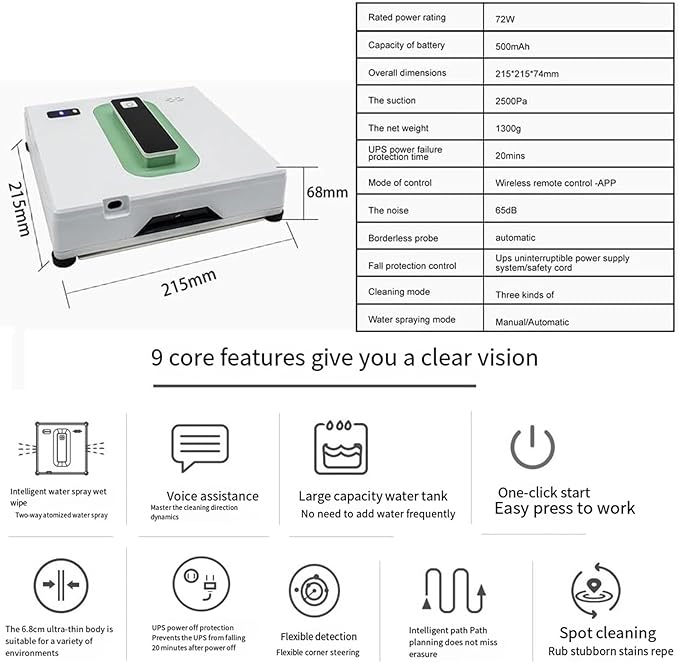 Window Cleaning Robot Intelligent Cleaning with Dual Water Spray Automatic Electric Window Cleaner Robot Square 2500Pa Suction Power Edge Detection Technology Remote Control