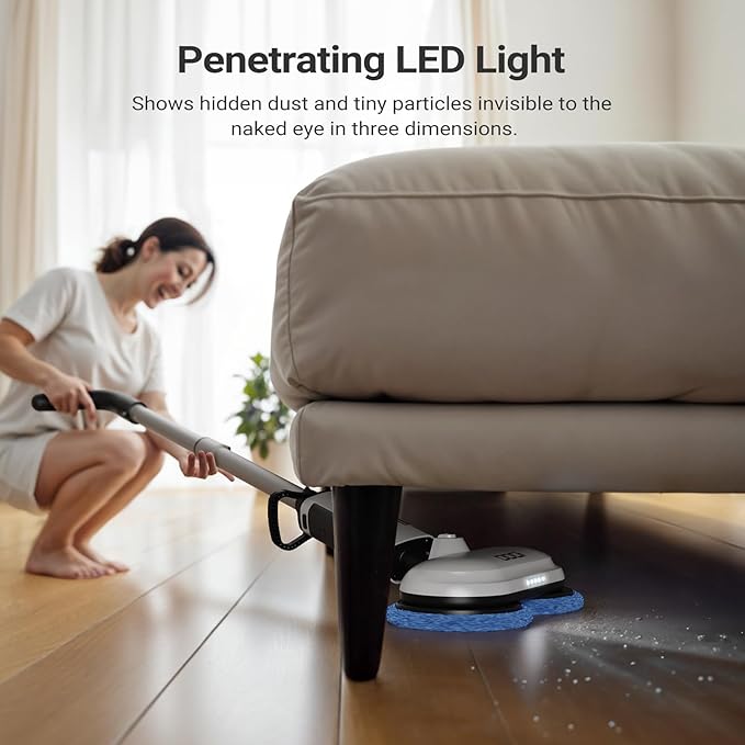 iDOO Electric Cordless Spin Dust Mop Electric Mops for Floor Hardwood Tile Cleaning with Sprayer &amp LED Headlight Rechargeable Dual-Motor Quiet Self Propelled Water Tank 4 Replaceable Heads Wh