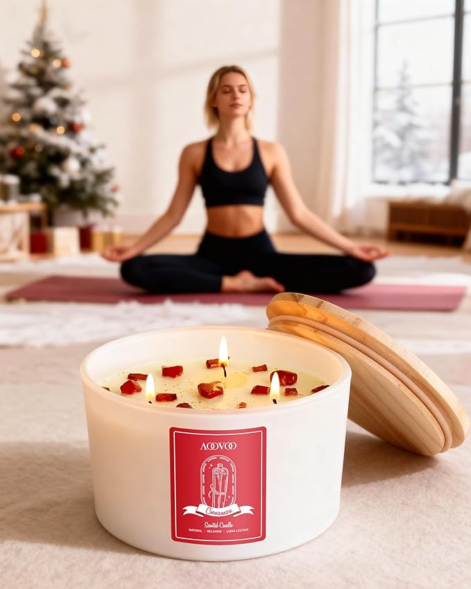 AOOVOO Apple Cinnamon Scented Candles for Women - 20oz 3 Wick Soy Candles for Home Scented Aromatherapy Candle with Crystals Inside Birthday Gifts Valentines Day Candle for Women Mom