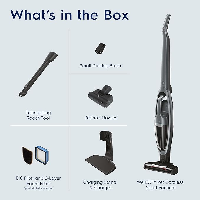 Electrolux WellQ7 Pet Cordless 2-in-1 Vacuum Cleaner with Motorized PetPro+ Nozzle for Easy Pet Hair Removal 50-Minute Run Time 2 Power Modes Shale Gray