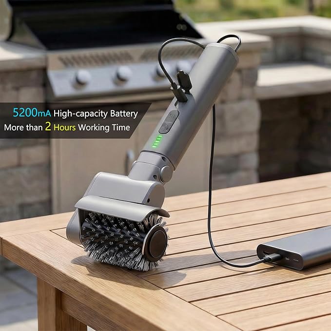 Electric Grill Brush 3-in-1 Kit – Cordless BBQ Cleaner with Reinforced Safe Metal Bristles – 2 Hours Runtime Waterproof &amp Dishwasher Safe Removable Brushes for Deep Cleaning (Light Gray)