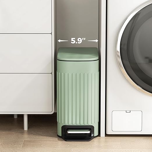 TrashAid Slim Bathroom Trash Can with Lid Soft Close 6 Liter/1.6 Gallon Stainless Steel Small Garbage Can with Removable Inner Bucket Step Pedal Slim Wastebasket for Toilet Office Bedroom Green