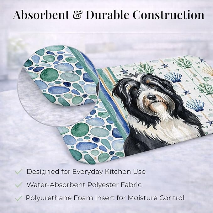 Caroline's Treasures Black Bearded Collie Coastal Sea Glass Dish Drying Mat Absorbent Dish Drying Mat Pad for Kitchen Counter Dish Drainer Mat for Countertop 14 x 21 Multicolor