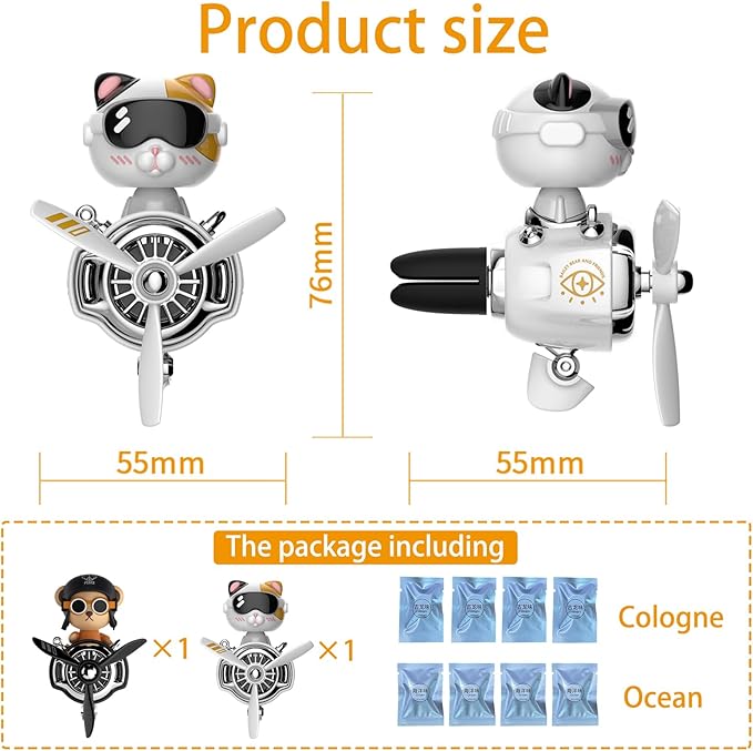 2Pcs Car Air Fresheners Cute Bear Pilot Automotive Air Outlet Creative Car Perfume Diffuser Automotive Accessories Air Vent Decoration with 8 Fragrant Tablets (Silver 3+Black 4)