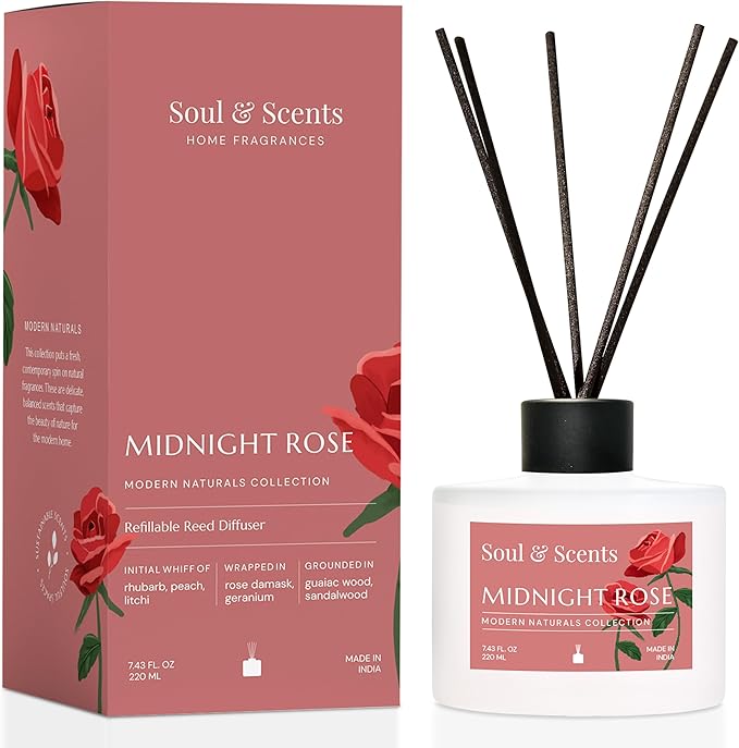 Soul &amp Scents Reed Diffuser Set – Midnight Rose | 7.43 oz Refillable Scented Oil with 6 Fiber Sticks | Long-Lasting Home Fragrance &amp Air Freshener for Bedroom Bathroom Office | Gift &amp Dé
